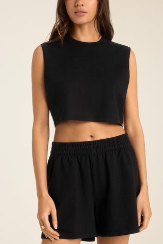 Coast Crop Muscle Tank - Black Cotton Jersey