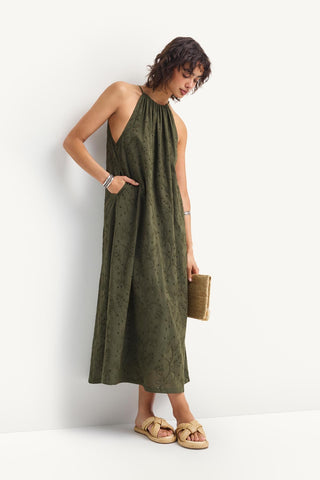Alora High Neck Dress - Olive Tropical Eyelet
