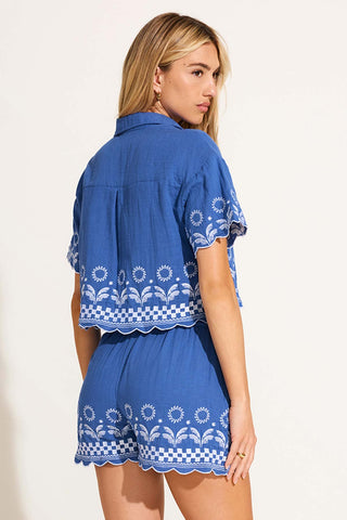 Daya Embroidered Blouse - Cobalt Mykonos