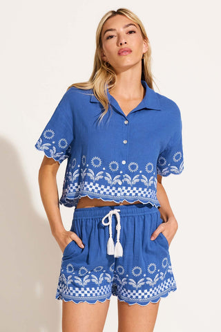 Daya Embroidered Blouse - Cobalt Mykonos