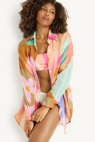 Playa Linen Boyfriend Shirt - In Bloom Colorblock EcoLinen