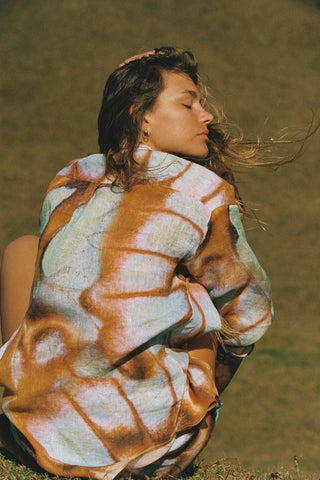 Playa Linen Boyfriend Shirt - Malachite Butterfly EcoLinen