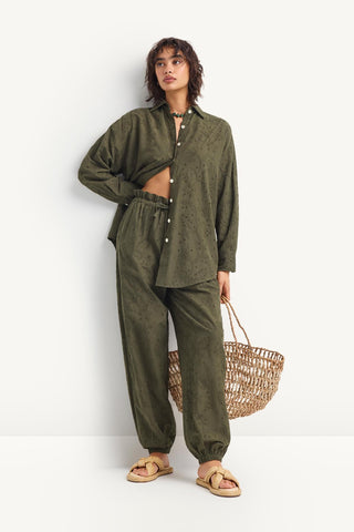 Faye Pant - Olive Tropical Eyelet