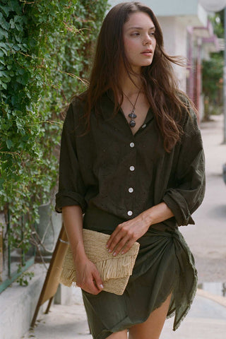 Playa Boyfriend Shirt - Olive Tropical Eyelet