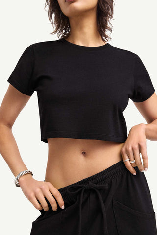 Coast Fitted Crop Shirt - Black Cotton Jersey
